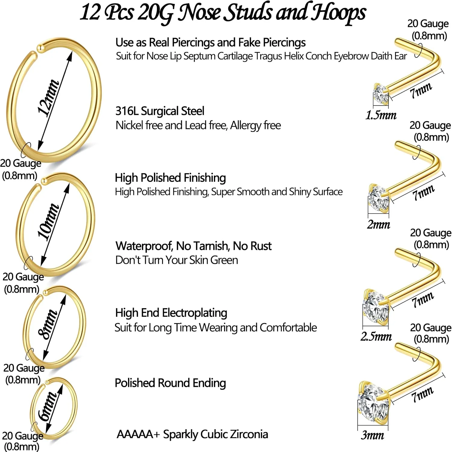 24Pcs 20 Gauge Nose Piercings Nose Rings Hoops for Women Men 316L Surgical Steel Cartilage Helix Tragus Hoop Earrings Lip Rings Septum Rings Clip on Real Nose Rings Bendable 6mm 8mm 10mm 12mm Fake Nose Ring Fake Septum Piercings