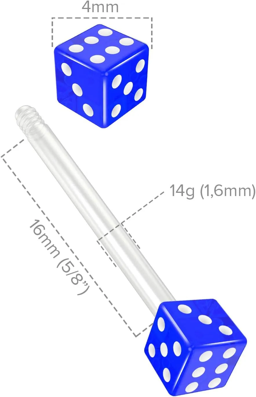 2pc 14g 1.6mm Flexible Tongue Rings Bioflex 14mm 9/16 Bioplast Barbell Ring Black Acrylic Dice