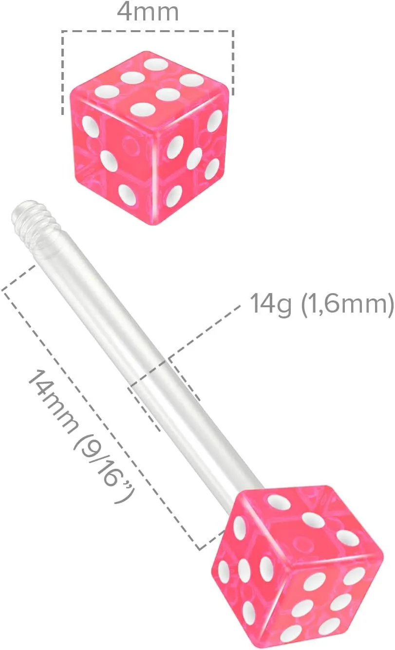 2pc 14g 1.6mm Flexible Tongue Rings Bioflex 14mm 9/16 Bioplast Barbell Ring Black Acrylic Dice