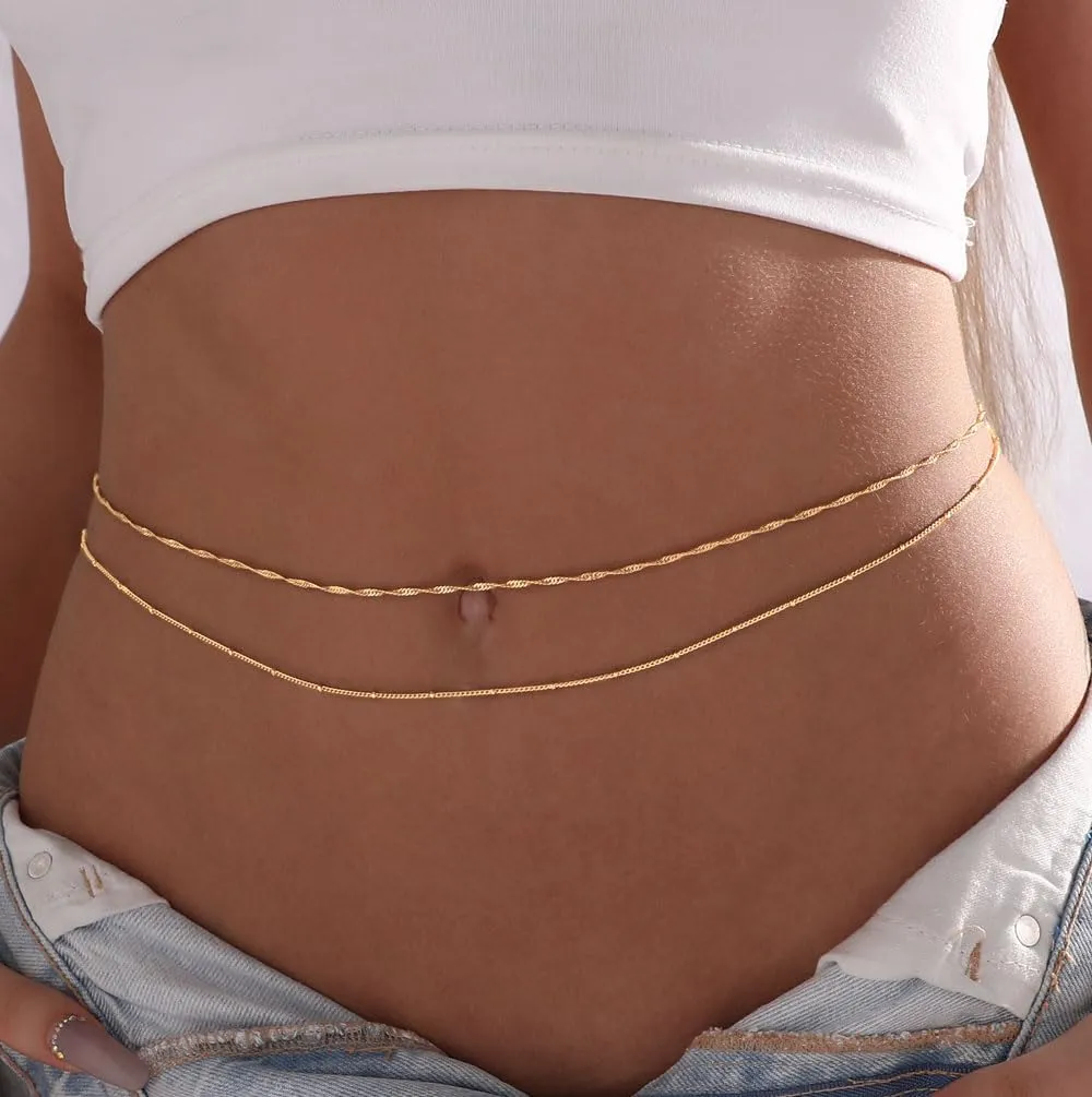 2PCS 14K Gold Plated Waist Chains for Women Pearl Satellite Figaro Gold Belly Body Chain Adjustable Layered Sexy Waist Chains Bikini Summer Beach Everyday Jewelry for Women