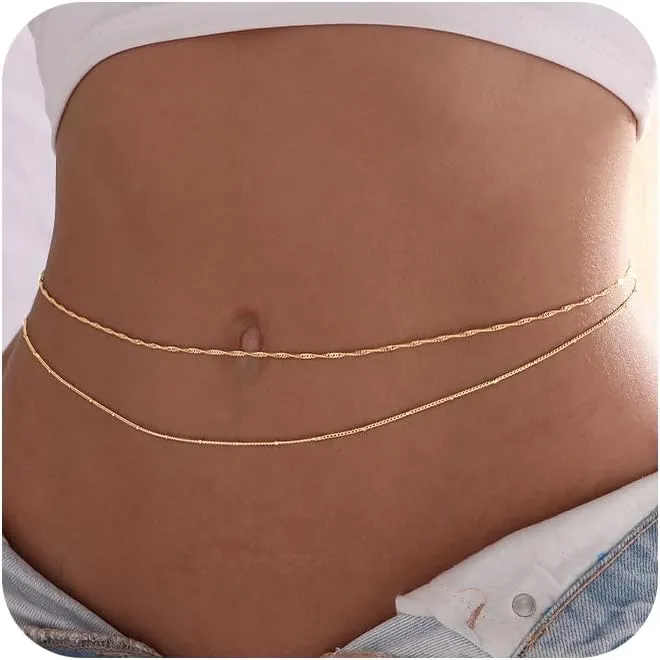 2PCS 14K Gold Plated Waist Chains for Women Pearl Satellite Figaro Gold Belly Body Chain Adjustable Layered Sexy Waist Chains Bikini Summer Beach Everyday Jewelry for Women