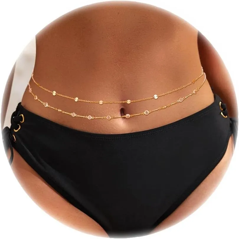 2PCS 18K Gold Plated Belly Chain Adjustable Layered Herringbone CZ Pearl Waist Chain Sexy Bikini Belly Chains for the Waist Boho Beach Waist Body Chains for Women (37Inches)