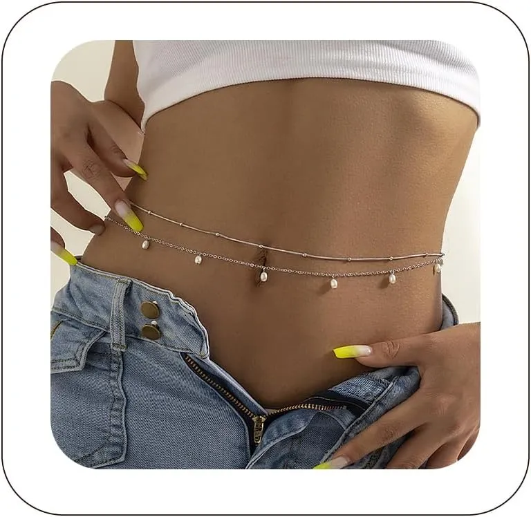 2Pcs Bikini Multi-Layer Waist Belly Chain Layered Cuban Pearl Sexy Beach Beads Summer Beaded Waist Chain Metal Body Chain Pearl Simple Waist Chain for Women