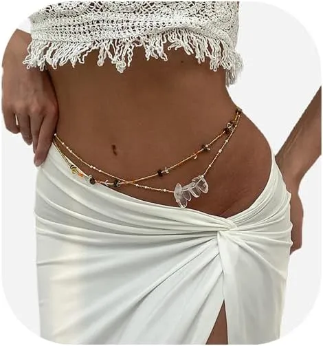 2Pcs Boho Colorful Beaded Waist Chains Set Sexy Summer Beach Bikini Layered Beads Body Chain Jewelry Elastic Bead Belly Chain Jewelry for Women