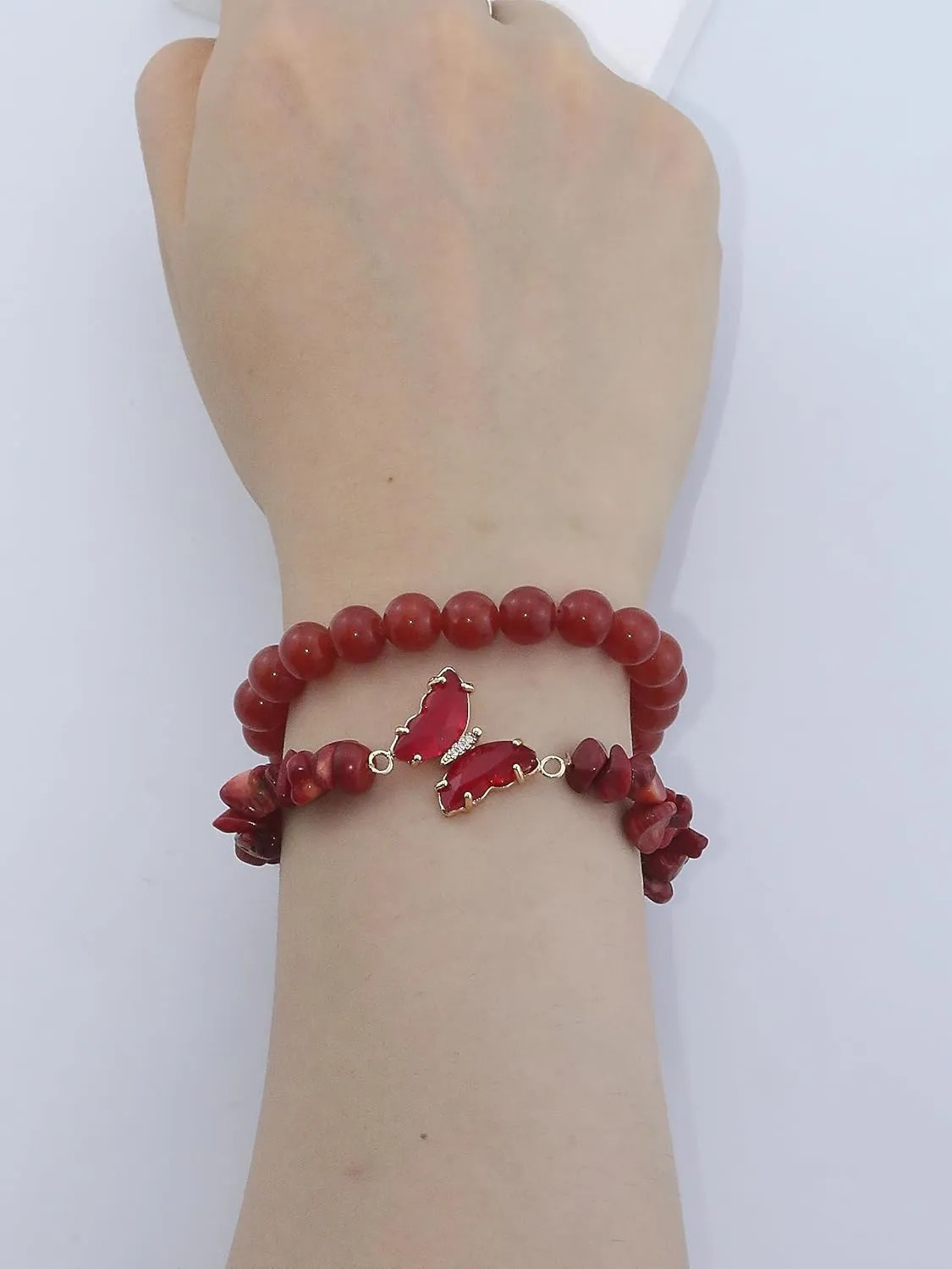 2pcs Butterfly Bracelet for Women 8mm Healing Crystal Beaded Charms Stretch Bracelet Crystal Agate Handmade Good Luck Energy Chakra Stone Beaded Bangle Healing Bracelet Jewelry