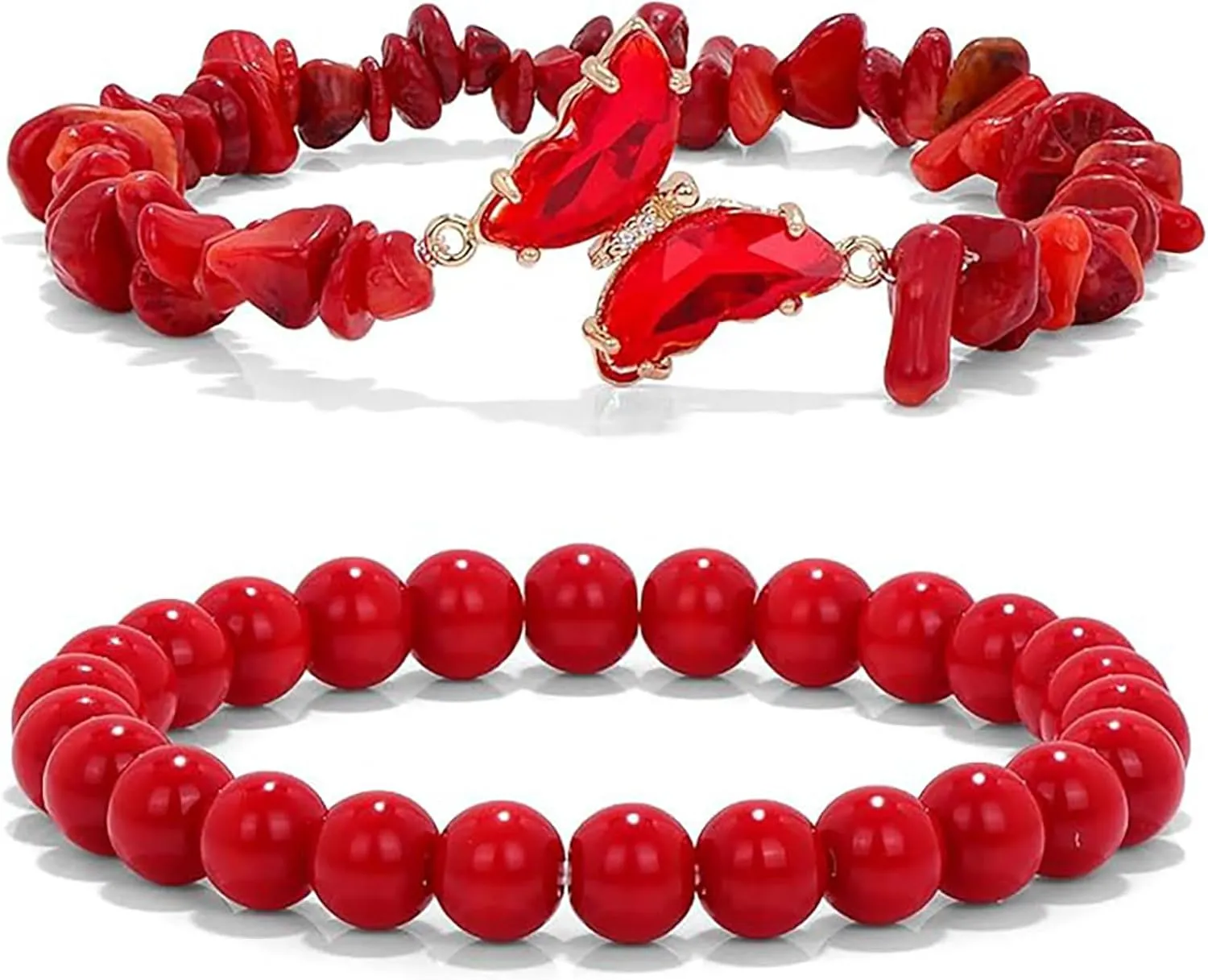 2pcs Butterfly Bracelet for Women 8mm Healing Crystal Beaded Charms Stretch Bracelet Crystal Agate Handmade Good Luck Energy Chakra Stone Beaded Bangle Healing Bracelet Jewelry