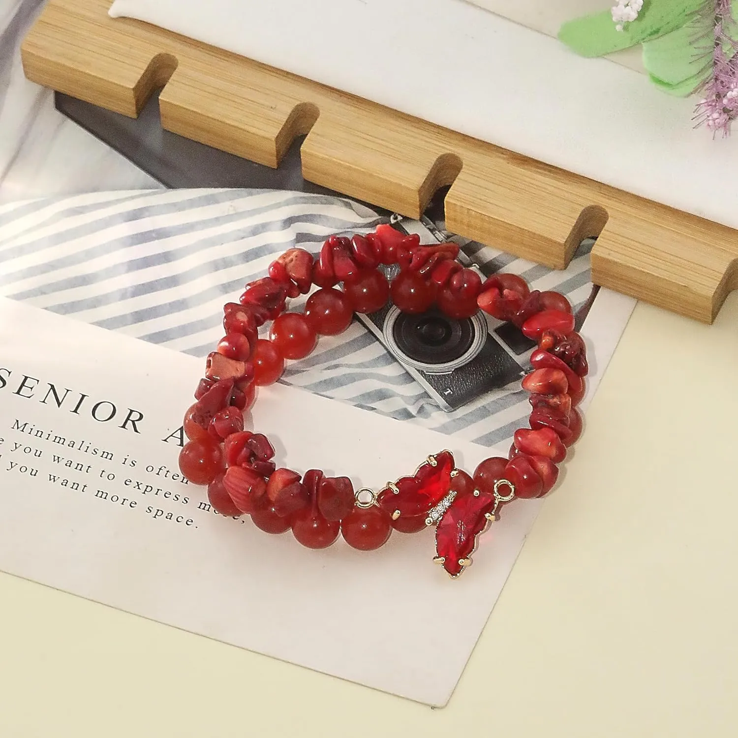 2pcs Butterfly Bracelet for Women 8mm Healing Crystal Beaded Charms Stretch Bracelet Crystal Agate Handmade Good Luck Energy Chakra Stone Beaded Bangle Healing Bracelet Jewelry