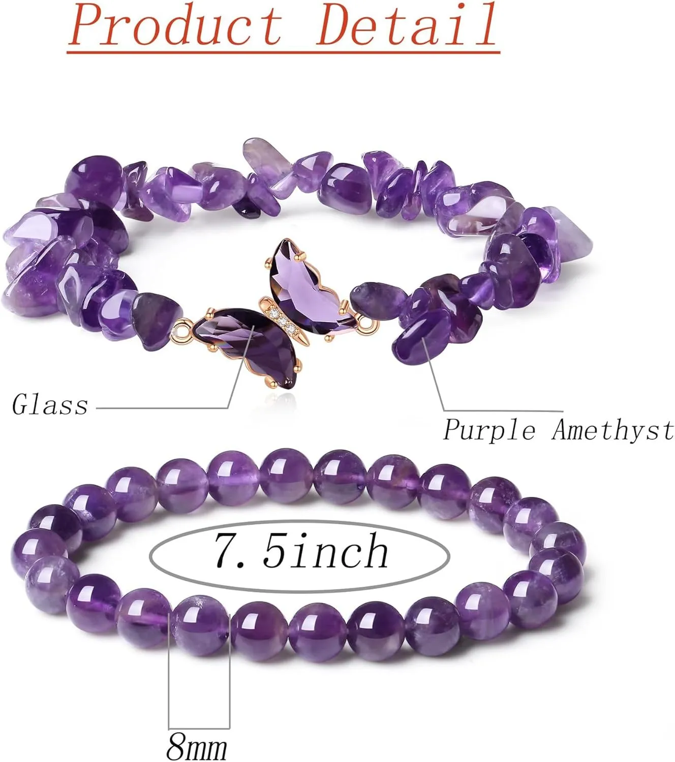 2Pcs Butterfly Bracelets for Women Healing Crystal Beaded Bracelets Gemstone Chip Beads Bracelet Natural Beads Stretch Bracelet Trendy Jewelry