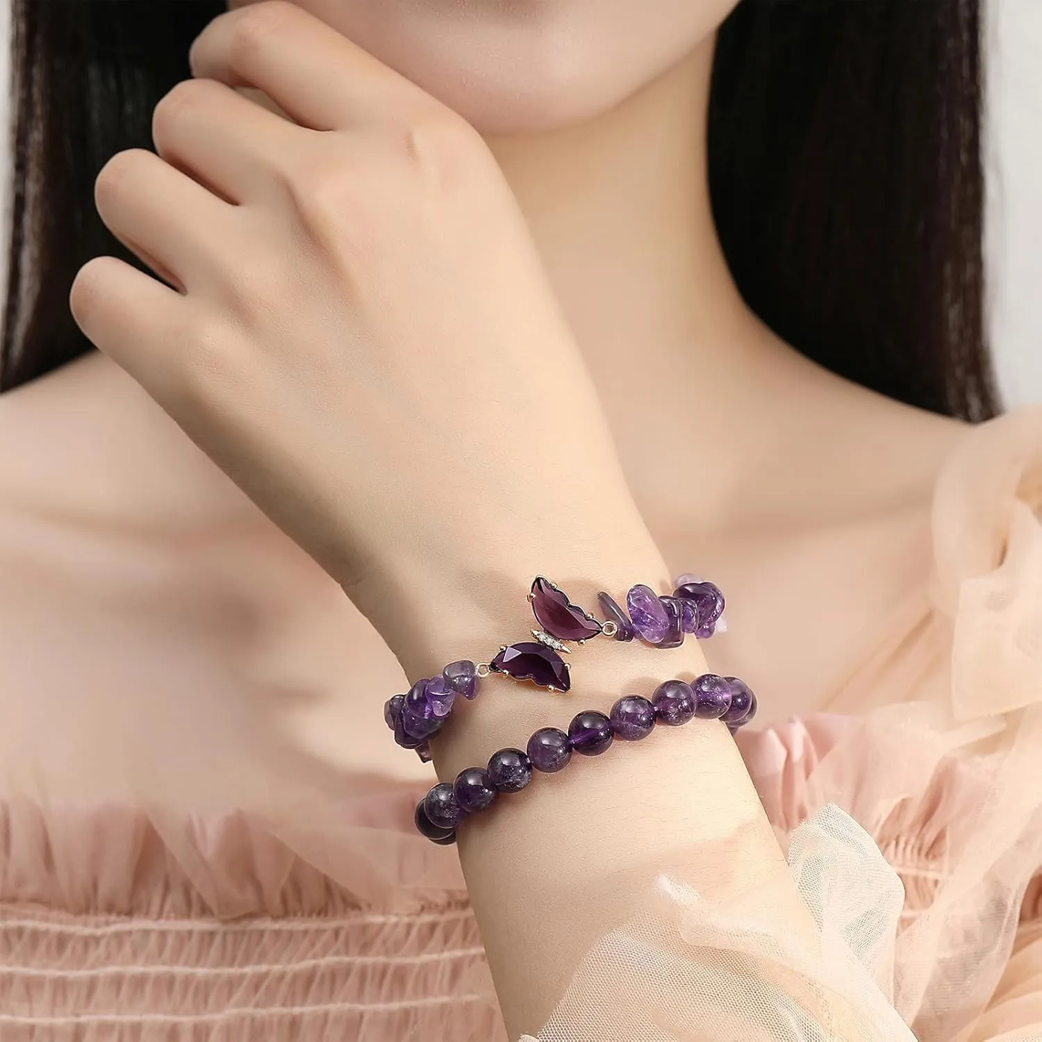 2Pcs Butterfly Bracelets for Women Healing Crystal Beaded Bracelets Gemstone Chip Beads Bracelet Natural Beads Stretch Bracelet Trendy Jewelry