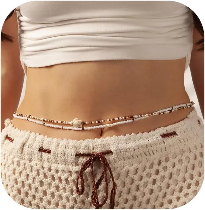 2Pcs Elastic Beads Waist Chains Jewelry Set Sexy Summer Beach Bikini Colorful Beaded Body Chain Jewelry Starfish Pendant Belly Body Chain for Women