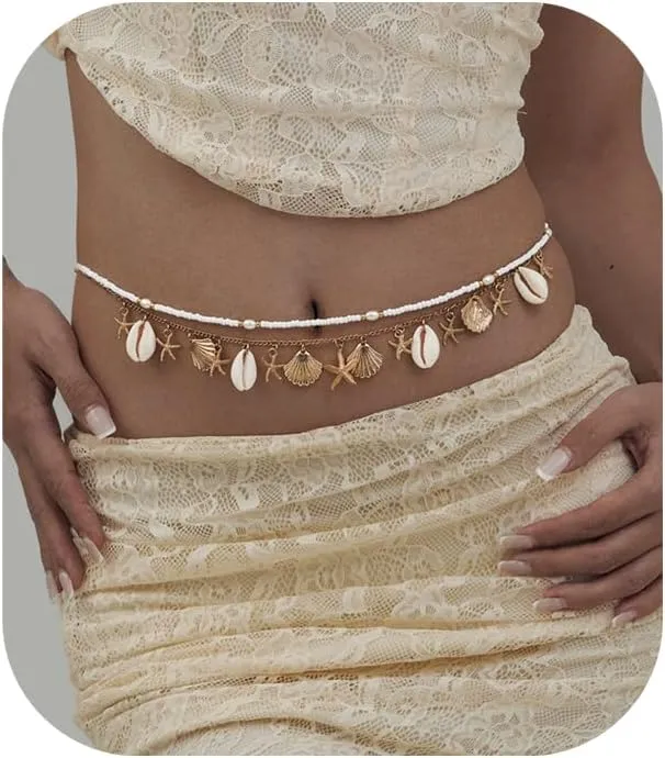 2Pcs Gold Pearl Beaded Waist Chain Jewelry Bikini Metal Starfish Shell Tassel Belly Chains Summer Beach Star Body Chain Layered Beads Waist Body Jewelry for Women