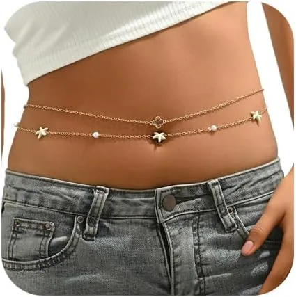2Pcs Gold Starfish Pendant Waist Chains Belt Summer Beach Layered Pearl Bead Belly Chain Bikini Beads Waist Jewelry for Women