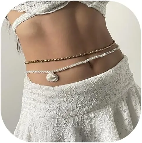 2Pcs Metal Big Shell Pendant Waist Chains Jewelry Summer Beach Layered Pearl Beaded Belly Body Chain Jewelry Gold Bikini Beaded Waist for Women