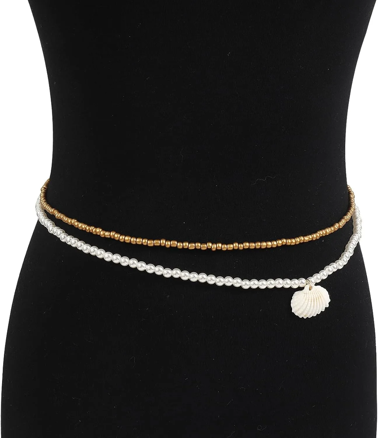 2Pcs Metal Big Shell Pendant Waist Chains Jewelry Summer Beach Layered Pearl Beaded Belly Body Chain Jewelry Gold Bikini Beaded Waist for Women