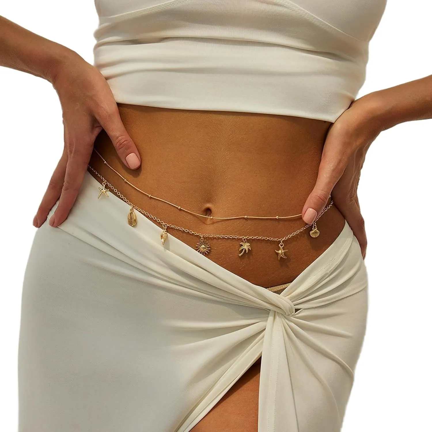 2Pcs Metal Shell Starfish Pendant Tassel Waist Chain Belt Bikini Thin Bead Belly Chains Summer Beach Starfish Body Chain Layered Conch Waist Body Jewelry for Women