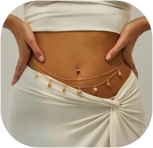 2Pcs Metal Shell Starfish Pendant Tassel Waist Chain Belt Bikini Thin Bead Belly Chains Summer Beach Starfish Body Chain Layered Conch Waist Body Jewelry for Women