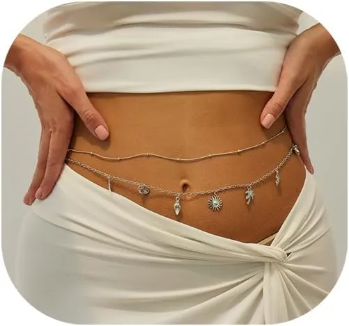 2Pcs Metal Shell Starfish Pendant Tassel Waist Chain Belt Bikini Thin Bead Belly Chains Summer Beach Starfish Body Chain Layered Conch Waist Body Jewelry for Women