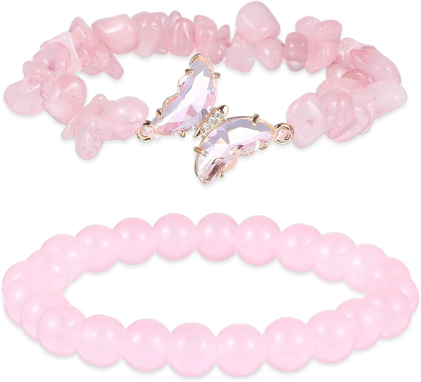 2Pcs Pink Crystal Beaded Bracelets for Women Pink Stretch Crystal Bead Friendship Bracelet with Butterfly Charms Stretchy Layered Jewelry Gifts for Women Best Friend