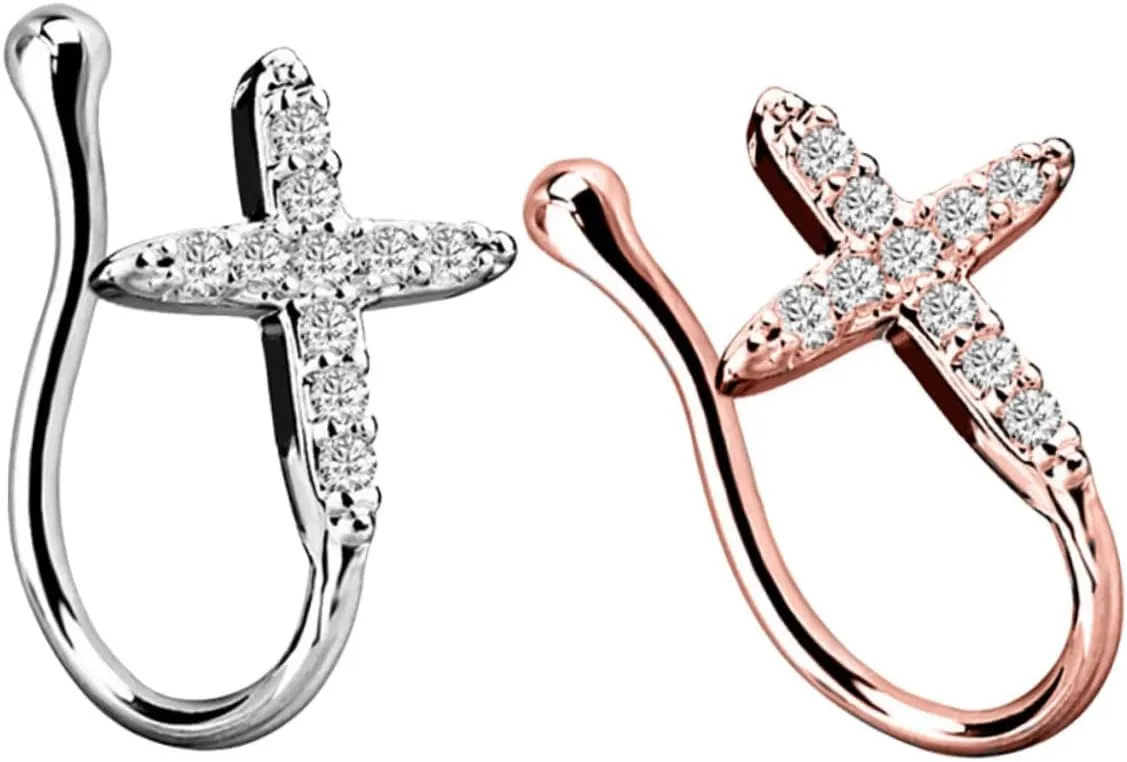 2pcs Shaped Faux Nose Rings with Rhinestone Stylish Nose Ring Hoops for Women Comfortable Fit for Everyday Wear