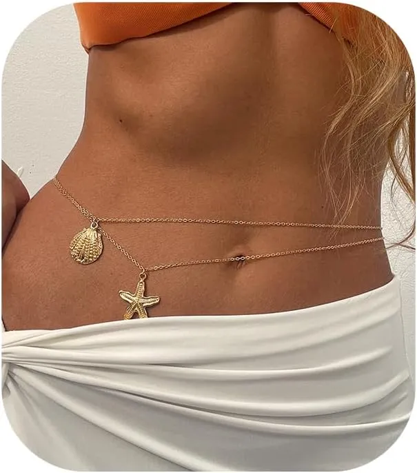 2Pcs Shell Star Waist Chain Jewelry Summer Beach Metal Link Belly Body Chain Bikini Layered Starfish Waist Body Chain for Women