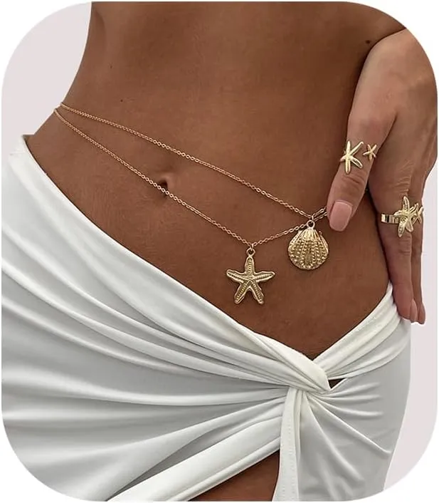 2Pcs Shell Starfish Pendant Waist Chain Bikini Metal Link Belly Chains Summer Beach Starfish Body Chain Layered Waist Body Jewelry for Women