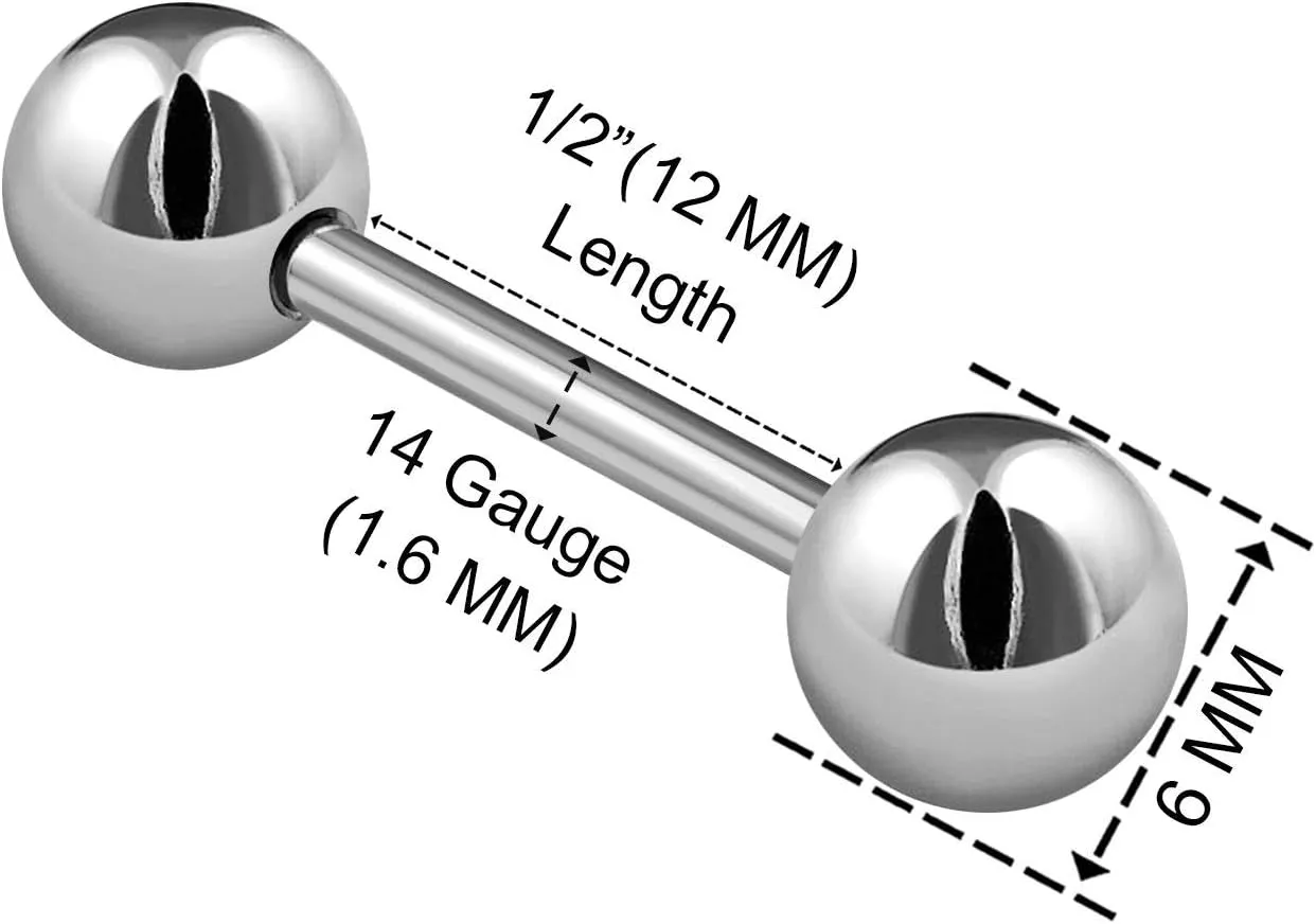 2PCS Stainless Steel Stud Barbell Tongue Rings 14 Gauge 6mm Ball Nipple Bars Piercing Jewelry See More Sizes