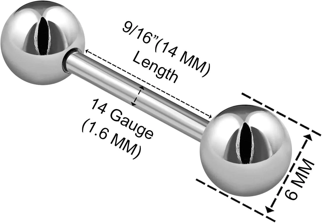 2PCS Stainless Steel Stud Barbell Tongue Rings 14 Gauge 6mm Ball Nipple Bars Piercing Jewelry See More Sizes