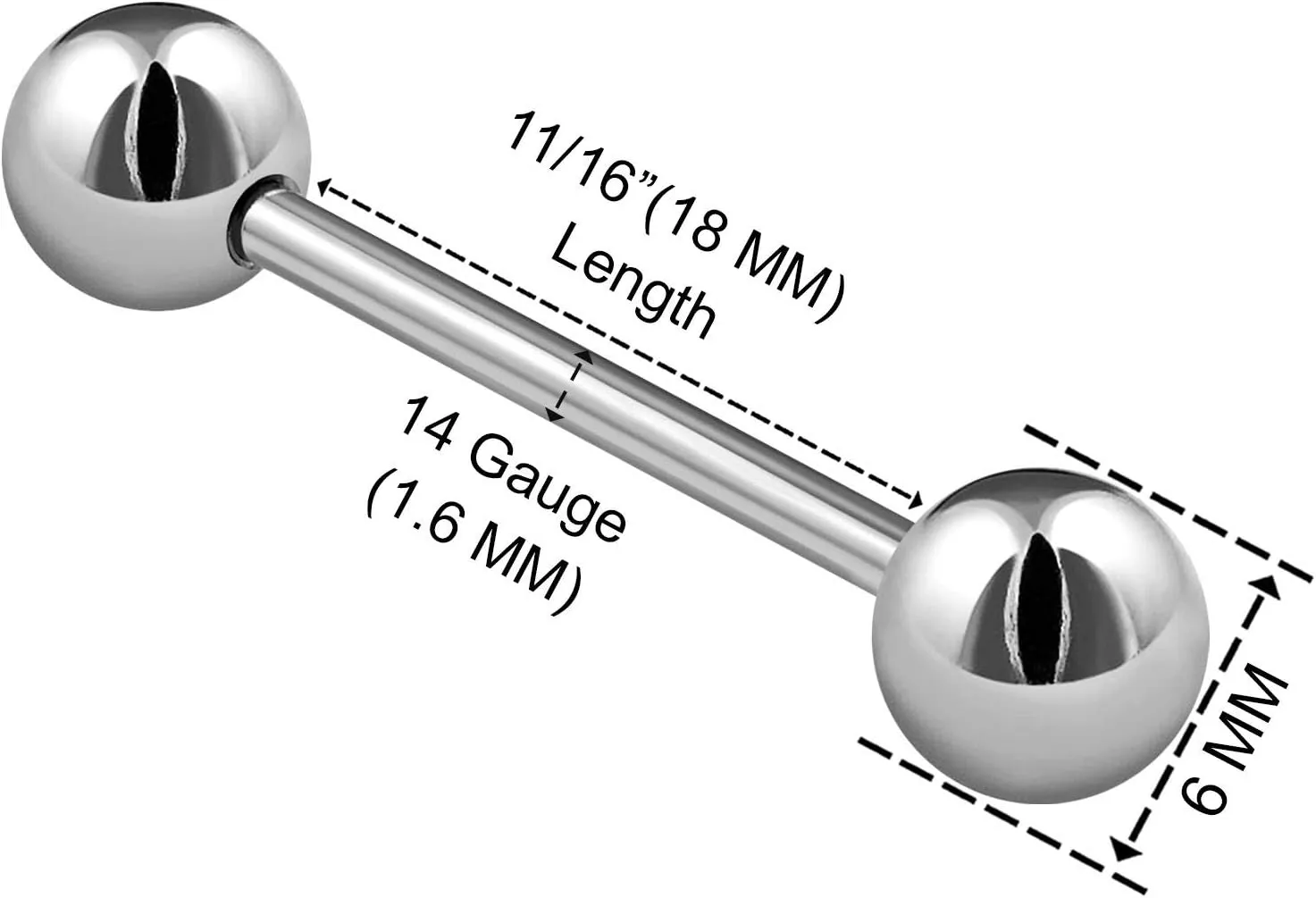 2PCS Stainless Steel Stud Barbell Tongue Rings 14 Gauge 6mm Ball Nipple Bars Piercing Jewelry See More Sizes