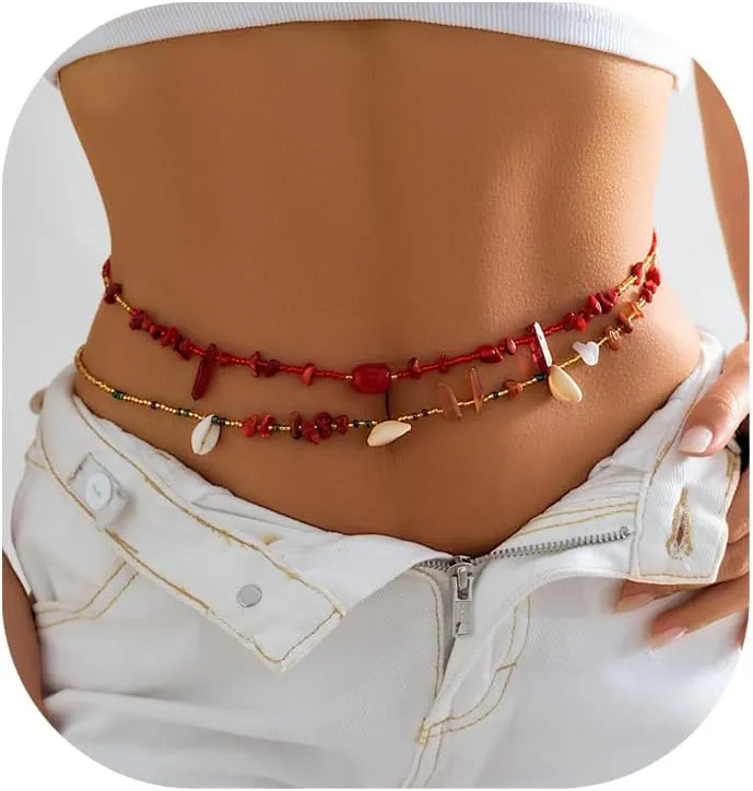 2Pcs/Set Boho Beads Waist Chains Jewelry Sexy Summer Beach Colorful Beaded Body Chain Jewelry Shell Belly Chain for Women