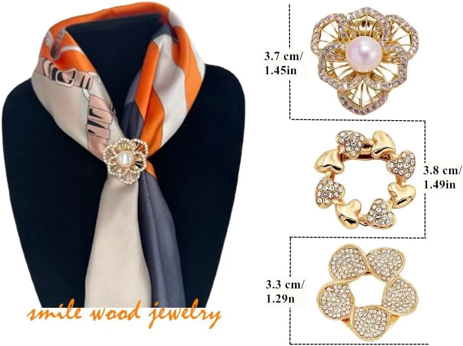 3 PCS Scarf Clip Brooches Scarf Ring Clip Pearl Floral Rhinestones Clothes Knotted Corner Buttons