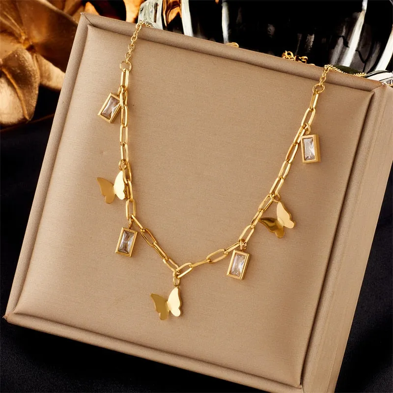 316L Stainless Steel Heart Pearl Eye Butterfly Pendant Necklace For Women
