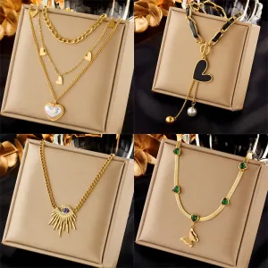 316L Stainless Steel Heart Pearl Eye Butterfly Pendant Necklace For Women