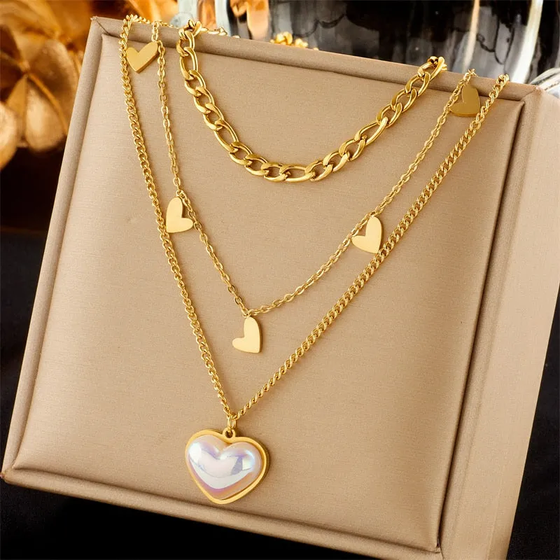 316L Stainless Steel Heart Pearl Eye Butterfly Pendant Necklace For Women