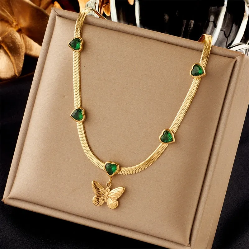 316L Stainless Steel Heart Pearl Eye Butterfly Pendant Necklace For Women