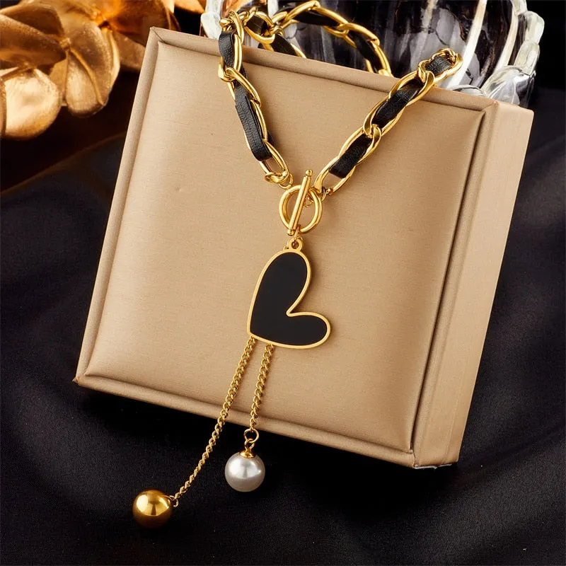 316L Stainless Steel Heart Pearl Eye Butterfly Pendant Necklace For Women