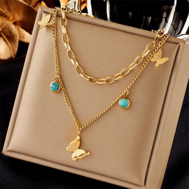 316L Stainless Steel Heart Pearl Eye Butterfly Pendant Necklace For Women