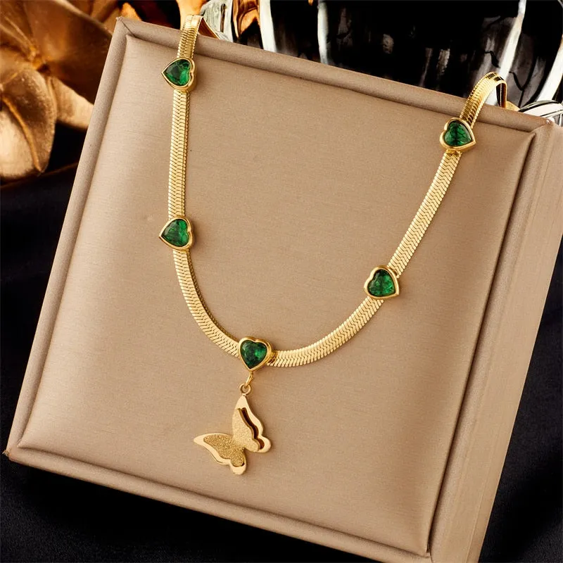 316L Stainless Steel Heart Pearl Eye Butterfly Pendant Necklace For Women