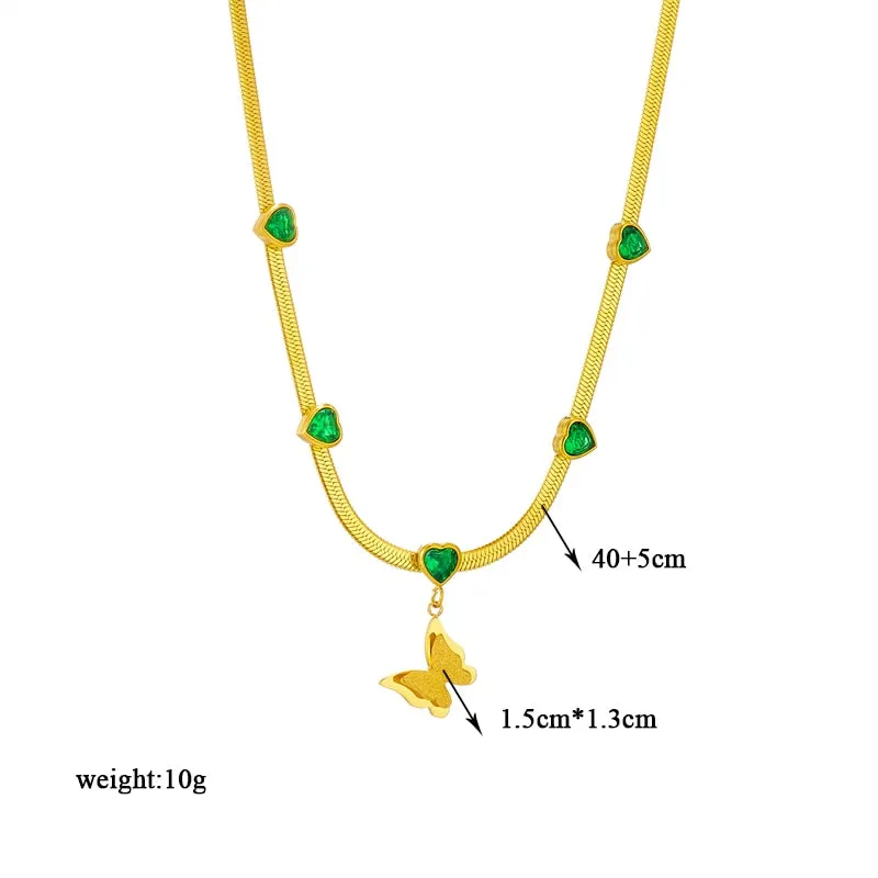 316L Stainless Steel Heart Pearl Eye Butterfly Pendant Necklace For Women