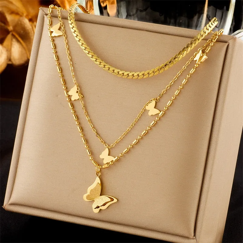 316L Stainless Steel Heart Pearl Eye Butterfly Pendant Necklace For Women