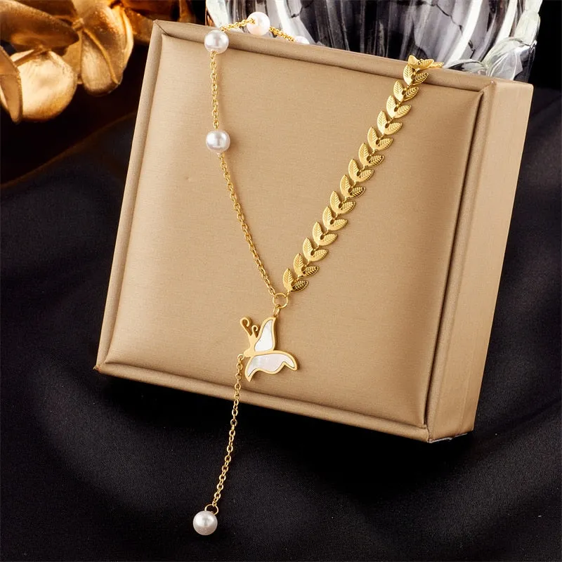 316L Stainless Steel Heart Pearl Eye Butterfly Pendant Necklace For Women