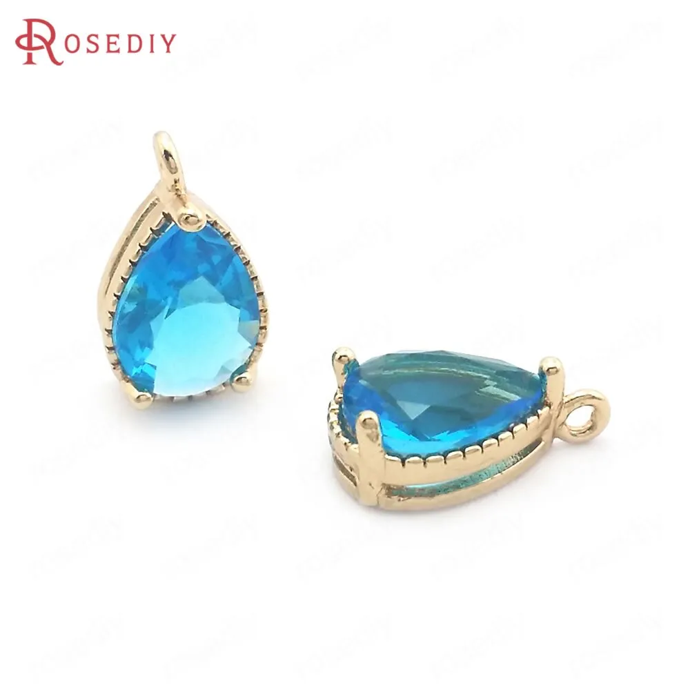 (38404)10PCS 6x8MM High Quality Champagne Gold Color Brass and Glass Drop Shape Charms Pendants High Quality Jewelry Accessories