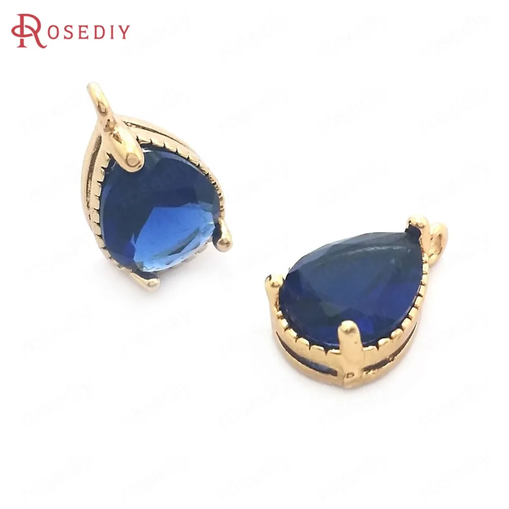 (38404)10PCS 6x8MM High Quality Champagne Gold Color Brass and Glass Drop Shape Charms Pendants High Quality Jewelry Accessories