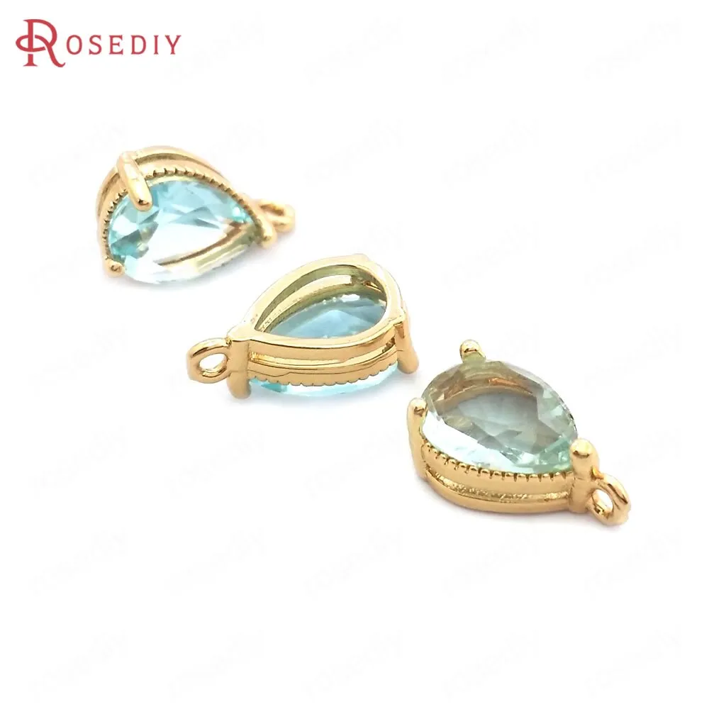 (38404)10PCS 6x8MM High Quality Champagne Gold Color Brass and Glass Drop Shape Charms Pendants High Quality Jewelry Accessories