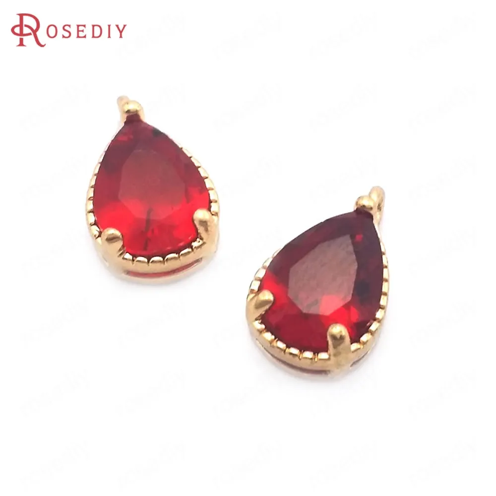 (38404)10PCS 6x8MM High Quality Champagne Gold Color Brass and Glass Drop Shape Charms Pendants High Quality Jewelry Accessories