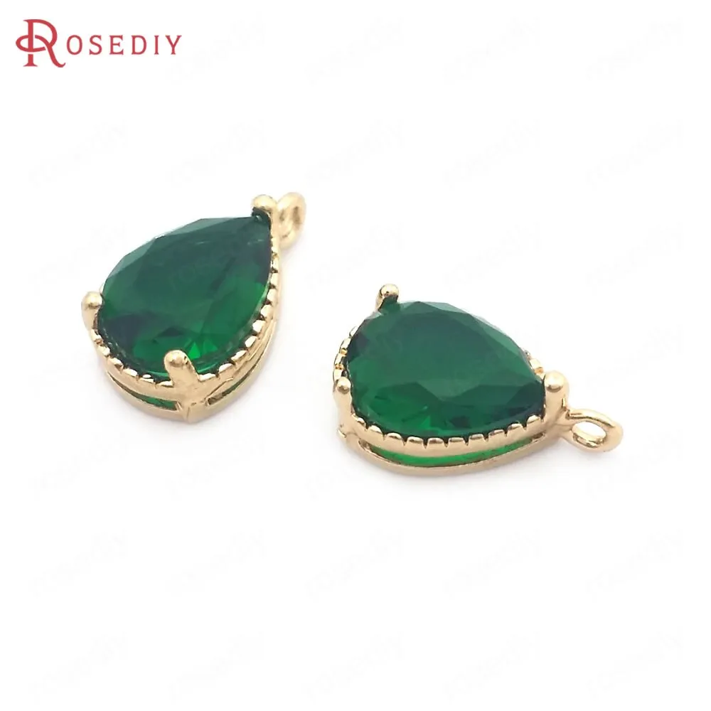 (38404)10PCS 6x8MM High Quality Champagne Gold Color Brass and Glass Drop Shape Charms Pendants High Quality Jewelry Accessories