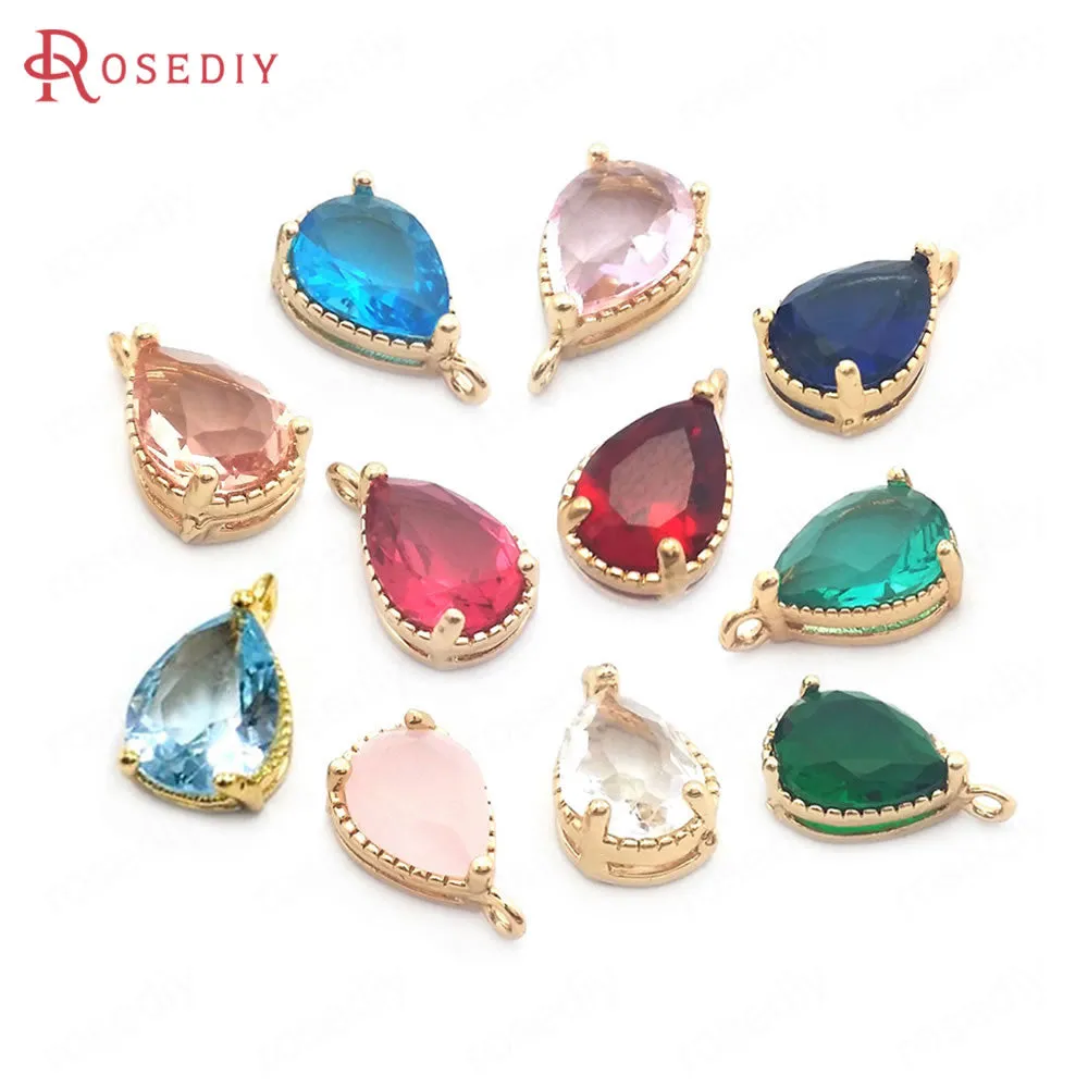 (38404)10PCS 6x8MM High Quality Champagne Gold Color Brass and Glass Drop Shape Charms Pendants High Quality Jewelry Accessories