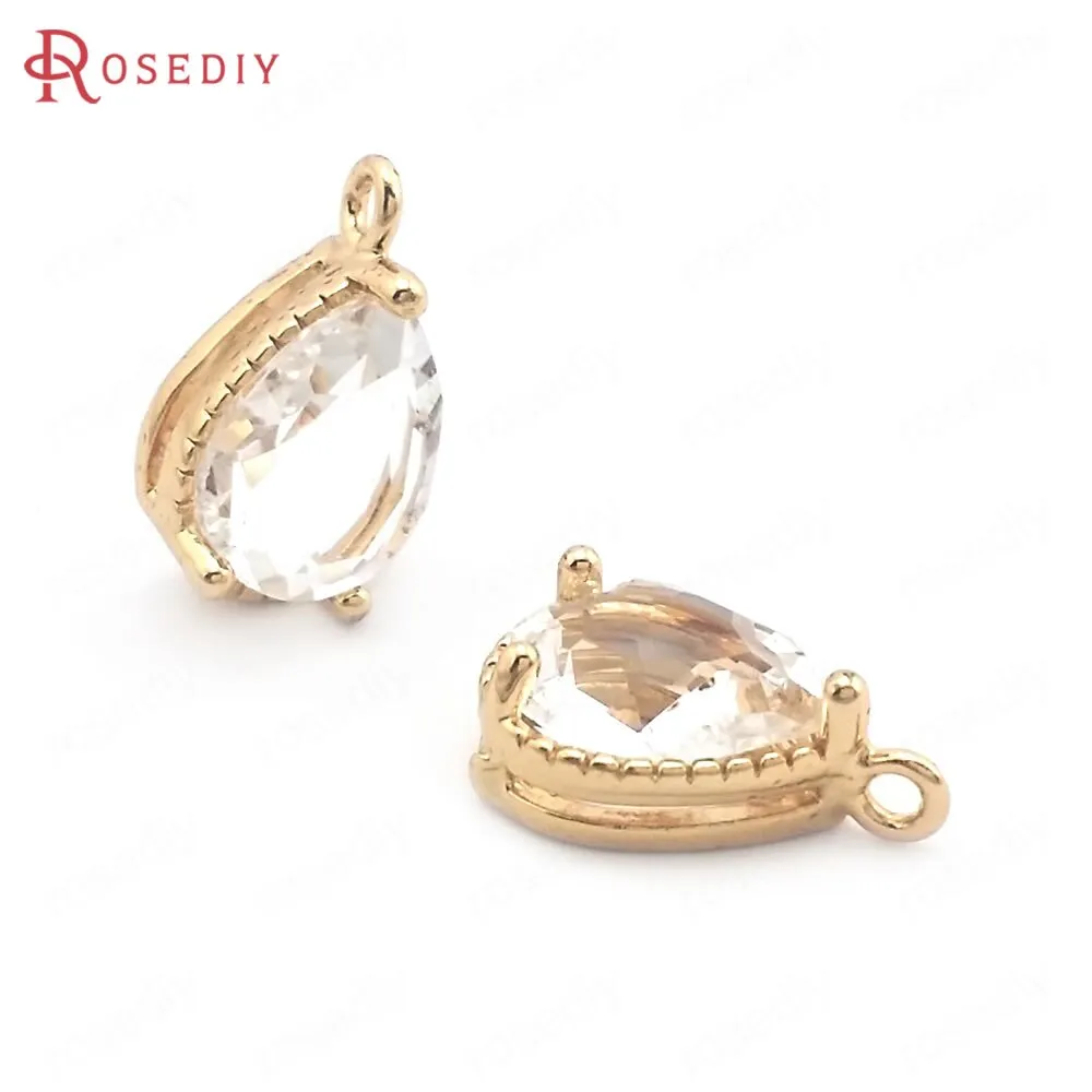 (38404)10PCS 6x8MM High Quality Champagne Gold Color Brass and Glass Drop Shape Charms Pendants High Quality Jewelry Accessories
