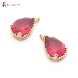 (38404)10PCS 6x8MM High Quality Champagne Gold Color Brass and Glass Drop Shape Charms Pendants High Quality Jewelry Accessories