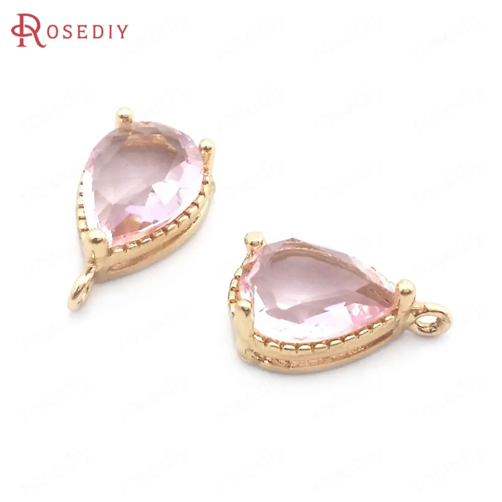 (38404)10PCS 6x8MM High Quality Champagne Gold Color Brass and Glass Drop Shape Charms Pendants High Quality Jewelry Accessories