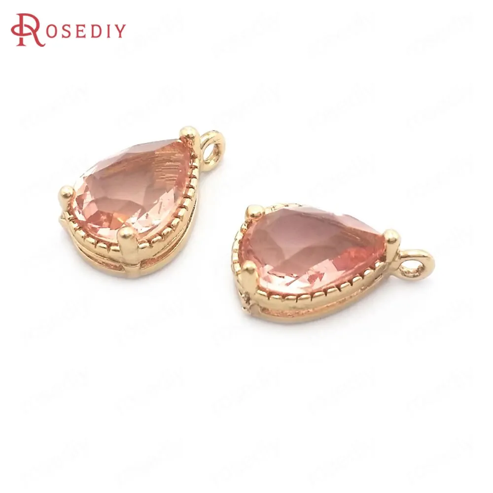 (38404)10PCS 6x8MM High Quality Champagne Gold Color Brass and Glass Drop Shape Charms Pendants High Quality Jewelry Accessories
